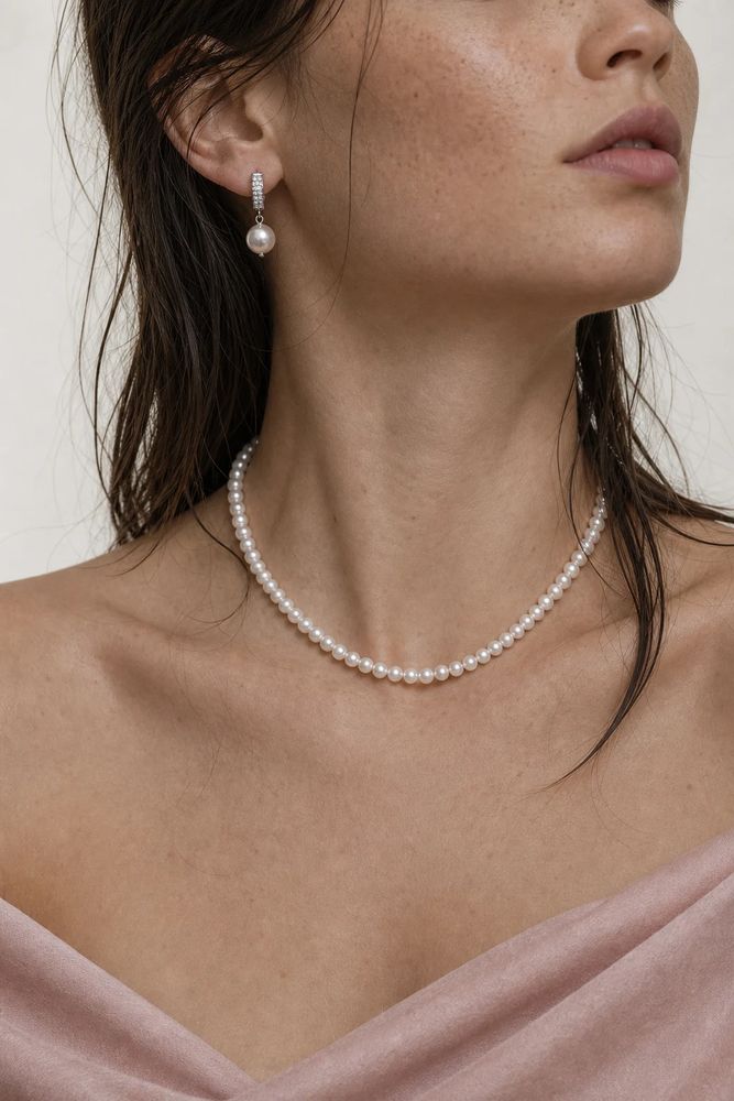 Pearl earring and necklace up close