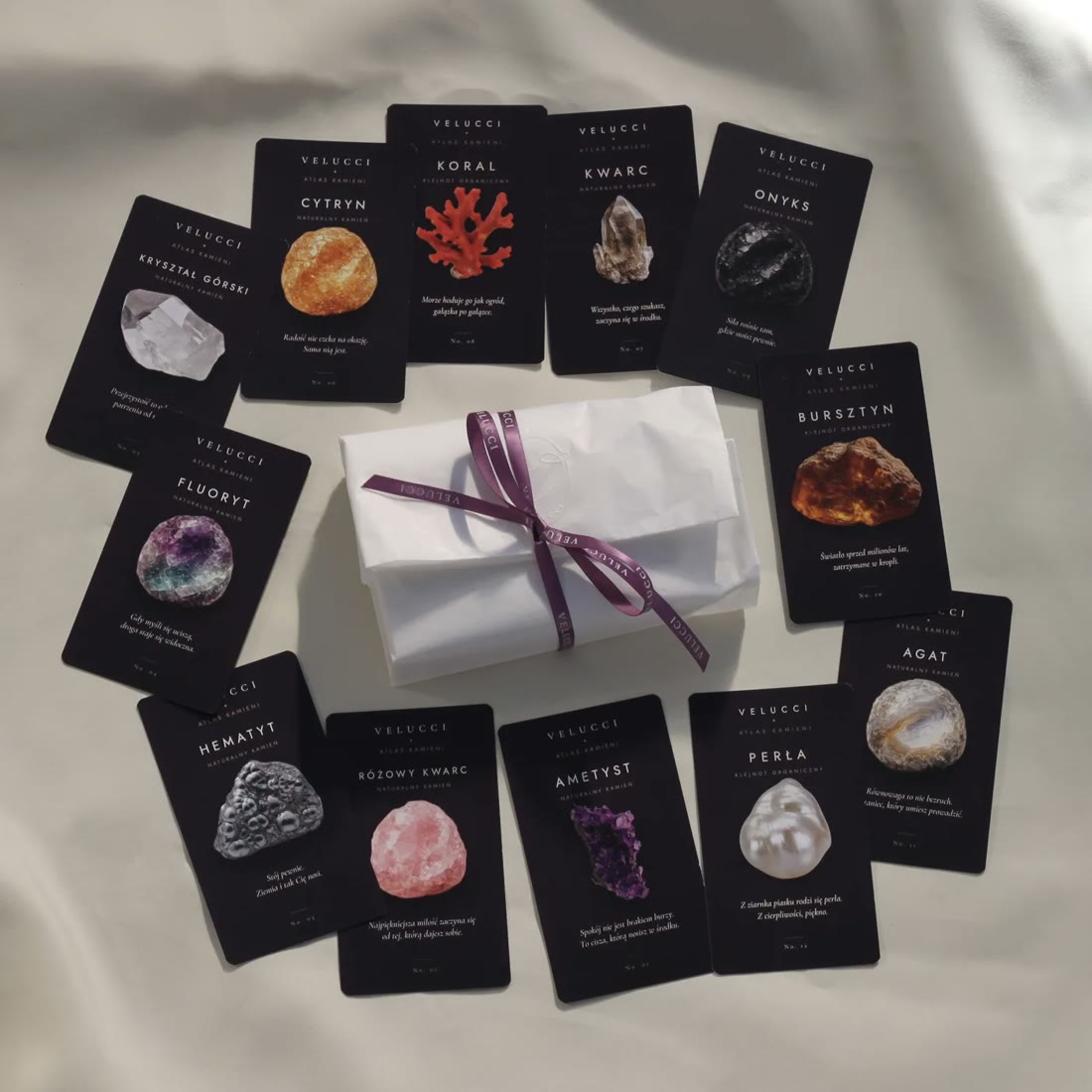 Twelve stone cards arranged in a circle around a wrapped parcel