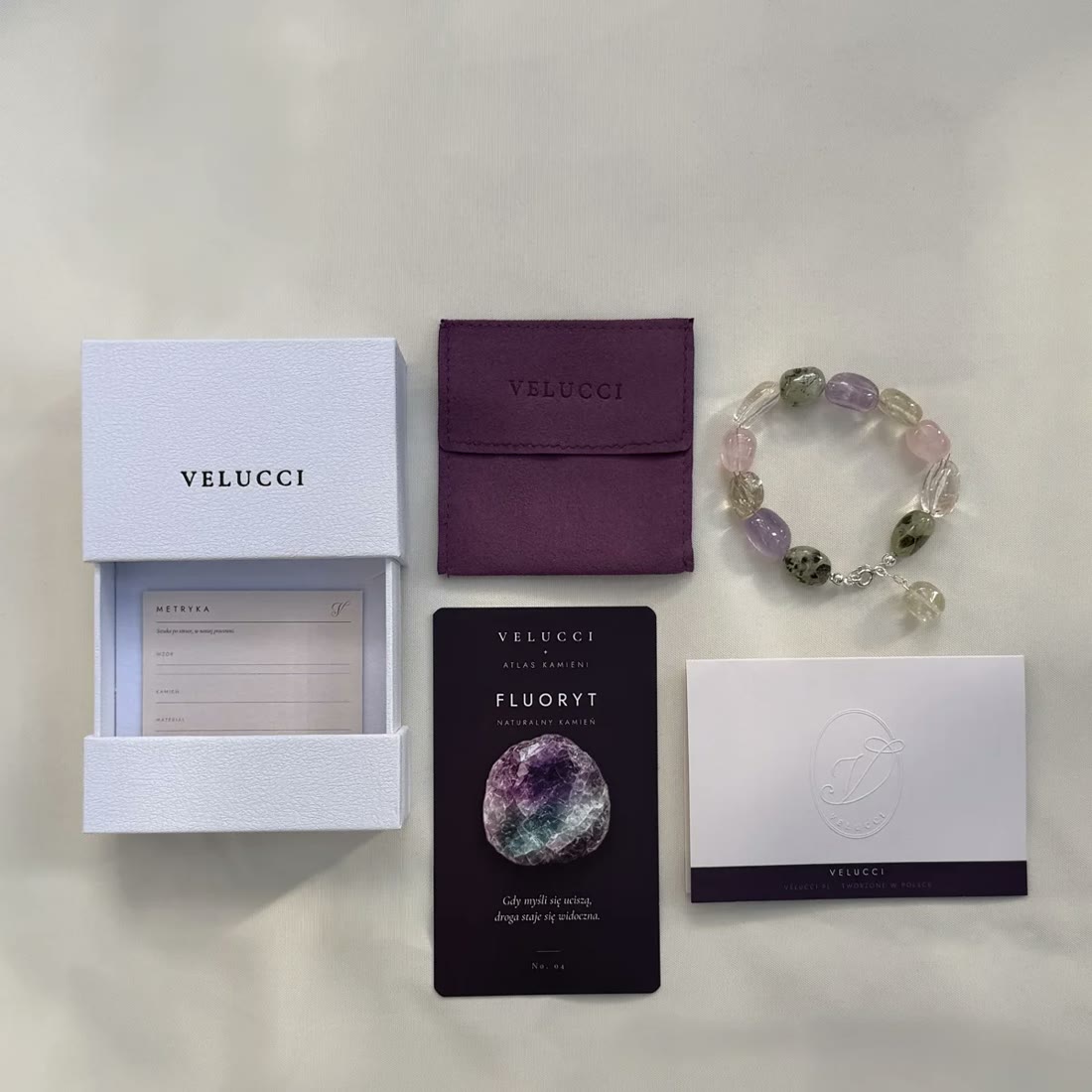 Laid-out set: box with certificate, pouch, stone card, bracelet and envelope