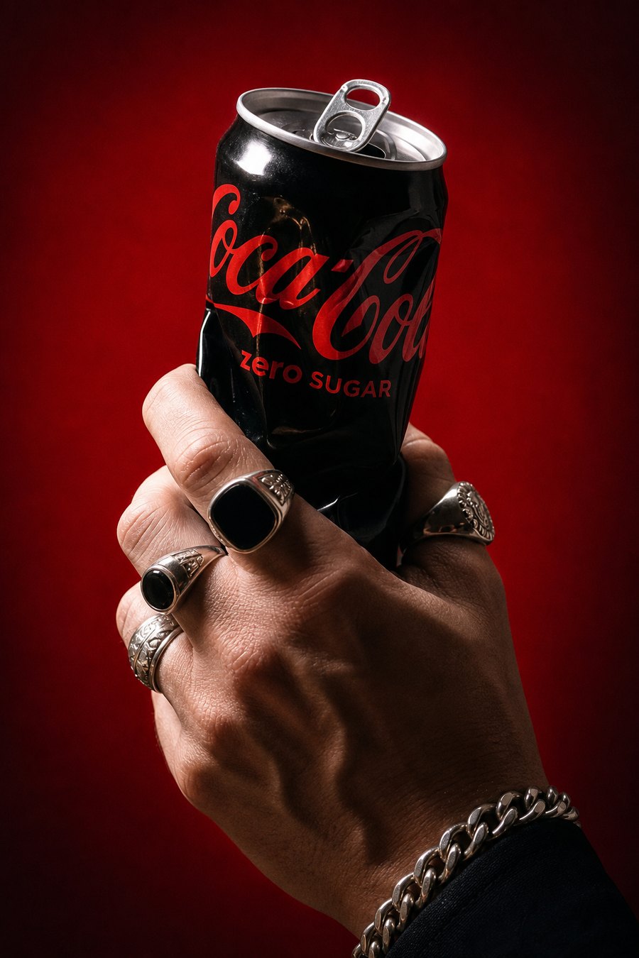 Hand with rings gripping a can on a red background