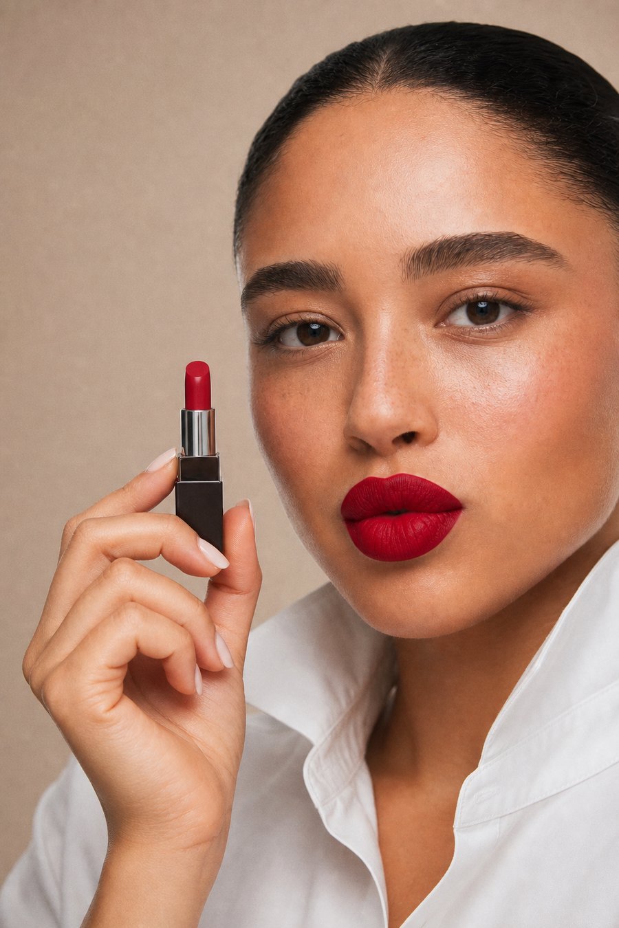 Model in a white shirt with lipstick by her cheek
