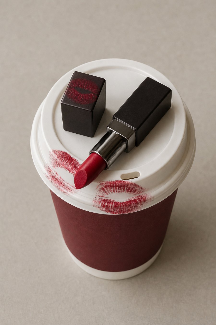 Lipstick on a cup lid with a lip print
