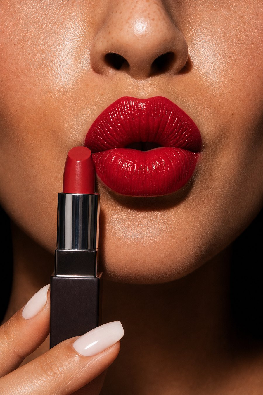 Macro of lips with red lipstick