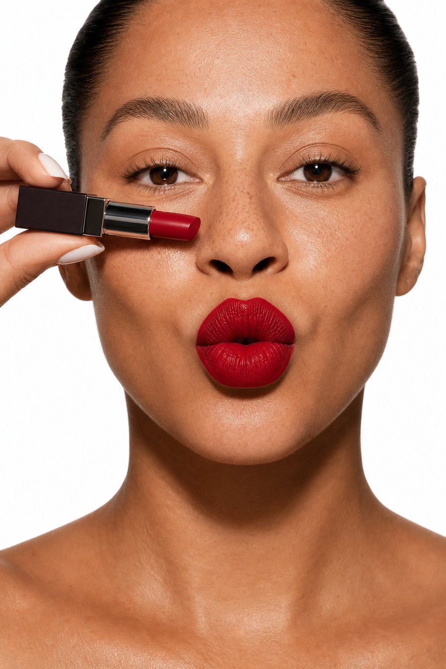 Model on a white background with lipstick